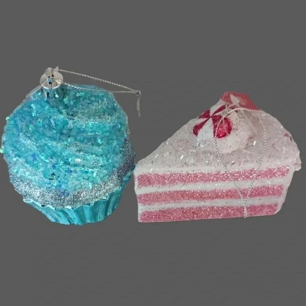 Holiday time peppermint cake slice and cupcake christmas ornaments set of 2